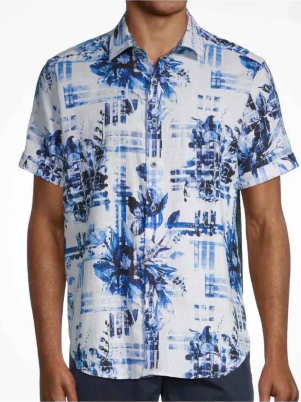 Robert Graham Charach linen-blend short sleeve button down blue & black Size L